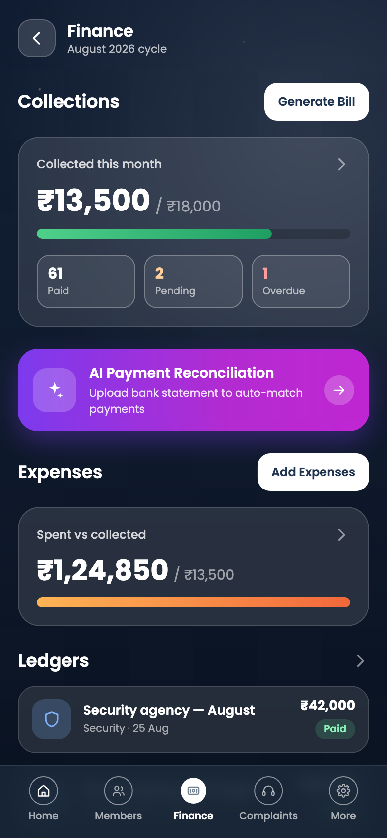 Finance screen showing collection progress